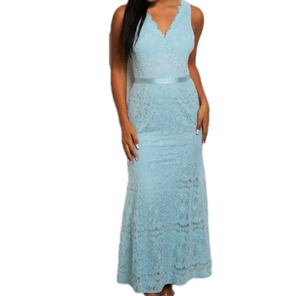Maxi Dress Blue Lace Sleeveless Prom Gown Formal Special Occasion NWT - Picture 2 of 5
